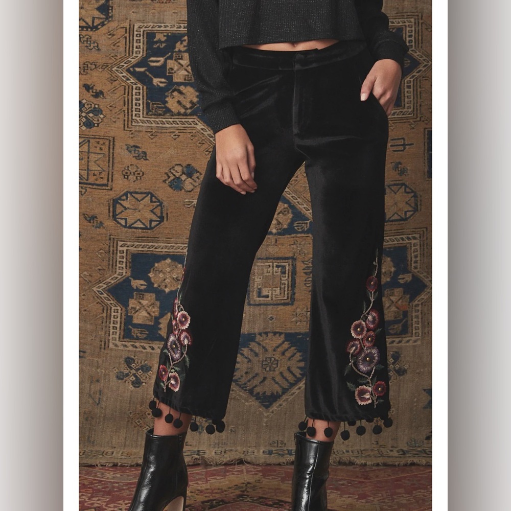 NWT - Tularosa Huntington black velvet crop pants with pom poms on hem